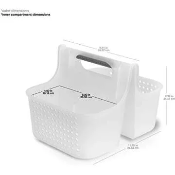 Madesmart 2-Compartment Soft Grip Shower Tote for Bathroom Organization, Plastic Storage Shower Caddy Bucket, Small, Frost