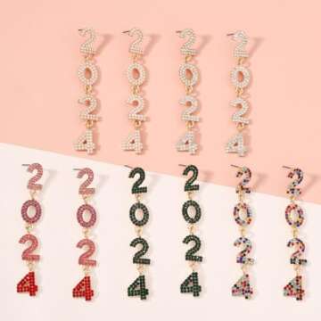 Happy New Year Earrings for Women Handmade Rhinestone 2024 Letters New Year’s Eve Dance Party Earrings Holiday Festive New Year Jewelry Gifts(White)