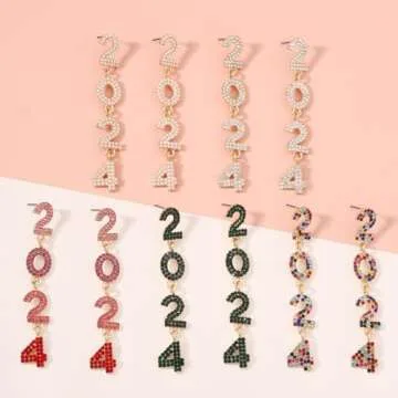Happy New Year Earrings for Women Handmade Rhinestone 2024 Letters New Year’s Eve Dance Party Earrings Holiday Festive New Year Jewelry Gifts(White)
