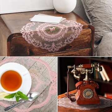 Mixweer 10 Pcs Pink Retro Lace Placemats Oval Embroidered Table Place Mats French Crochet Doilies Vintage Coasters Cup Mat 12'' x 16'' for Wedding Cup Vase Table Decor