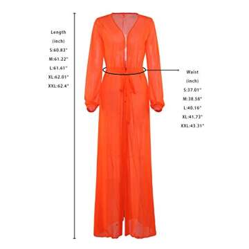 Pink Queen Women's Long Sleeve Flowy Maxi Bathing Suit Swimsuit Tie Front Robe Cover Up Orange L