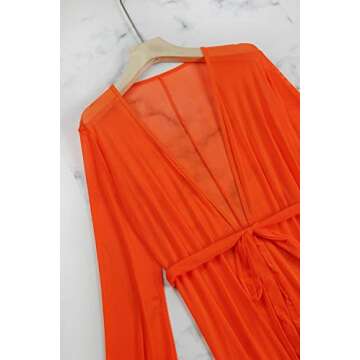 Pink Queen Women's Long Sleeve Flowy Maxi Bathing Suit Swimsuit Tie Front Robe Cover Up Orange L