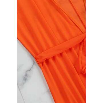 Pink Queen Women's Long Sleeve Flowy Maxi Bathing Suit Swimsuit Tie Front Robe Cover Up Orange L