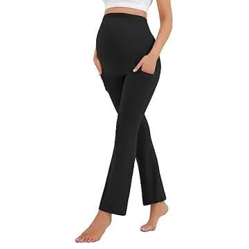 HEGALY Women's Maternity Flare Leggings Over The Belly - Casual Pregnancy Yoga Pants with Pockets Buttery Soft Black