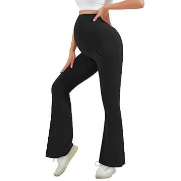 HEGALY Women's Maternity Flare Leggings Over The Belly - Casual Pregnancy Yoga Pants with Pockets Buttery Soft Black