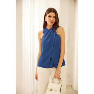 GRACE KARIN Blue Halterneck Tops for Women Sleeveless Crossover Blouses Business Casual Going Out Blouse Tops Dark Blue, 8