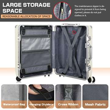 AnyZip Carry On Luggage - Aluminium Frame, PC ABS Hard Shell, Suitcases with Wheels, TSA Lock, No Zipper - 20in White