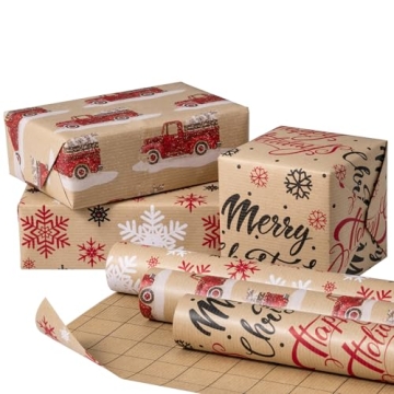 RUSPEPA Christmas Wrapping Paper Rolls Recyclable Kraft Design
