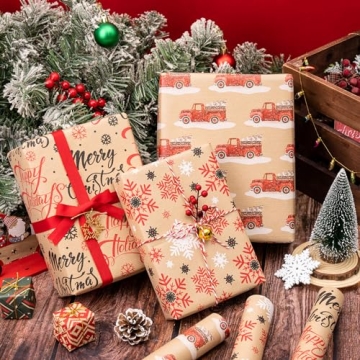 RUSPEPA Christmas Wrapping Paper Rolls Recyclable Kraft Design