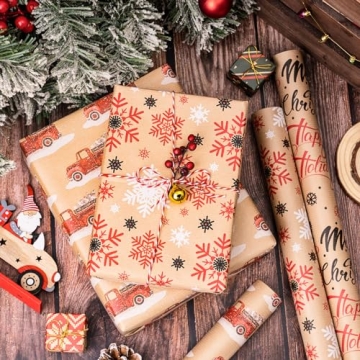 RUSPEPA Christmas Wrapping Paper Rolls Recyclable Kraft Design