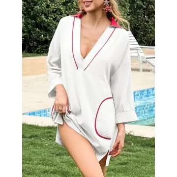 Saodimallsu Womens V Neck Swimsuit Coverup 3/4 Sleeve Color Block Oversized Cover ups Beach Mini Dress with Pockets