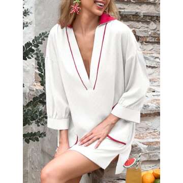 Saodimallsu Womens V Neck Swimsuit Coverup 3/4 Sleeve Color Block Oversized Cover ups Beach Mini Dress with Pockets
