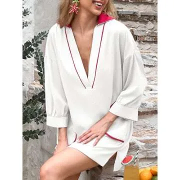Saodimallsu Womens V Neck Swimsuit Coverup 3/4 Sleeve Color Block Oversized Cover ups Beach Mini Dress with Pockets