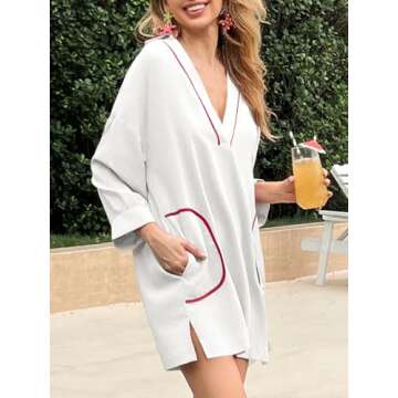 Saodimallsu Womens V Neck Swimsuit Coverup 3/4 Sleeve Color Block Oversized Cover ups Beach Mini Dress with Pockets