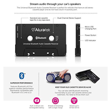Aluratek Universal Bluetooth Cassette Receiver for Classic Cars