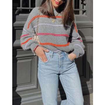 QIBABU Womens Striped Sweaters Casual Lantern Sleeve Color Block Knit Pullover Sweater Tops(2136-Grey-S-QB)