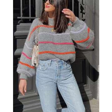 QIBABU Womens Striped Sweaters Casual Lantern Sleeve Color Block Knit Pullover Sweater Tops(2136-Grey-S-QB)