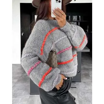 QIBABU Womens Striped Sweaters Casual Lantern Sleeve Color Block Knit Pullover Sweater Tops(2136-Grey-S-QB)