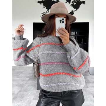 QIBABU Womens Striped Sweaters Casual Lantern Sleeve Color Block Knit Pullover Sweater Tops(2136-Grey-S-QB)