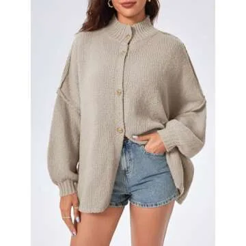 Saodimallsu Womens Oversized Cardigans Long Lantern Sleeve Button Down Chunky Knit Loose Fall Sweater Coats Khaki
