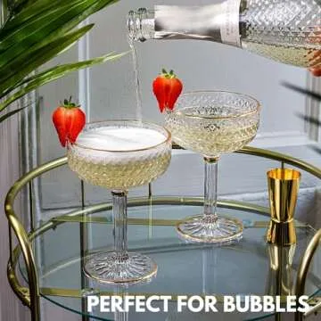 VEMACITY Luxury Coupe Glasses Set of 4 | Espresso Martini Glasses with Gold Detail & Recipe e-Book | Vintage Champagne Coupe Glassware | Cocktail Glass
