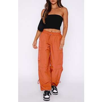 DISCIPBUSH Cargo Pants Women Baggy - Parachute Pants for Women, Rave Y2K Festival Outfits Orange S