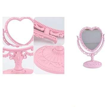 RUITASA Heart-Hhaped Makeup Mirror, Rotatable Vanity Mirror, Double Vanity Mirror, Plastic Heart Dressing Mirror for Bathroom Bedroom Vanity Mirror(Pink)