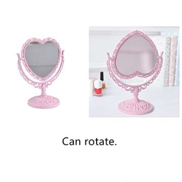 RUITASA Heart-Hhaped Makeup Mirror, Rotatable Vanity Mirror, Double Vanity Mirror, Plastic Heart Dressing Mirror for Bathroom Bedroom Vanity Mirror(Pink)