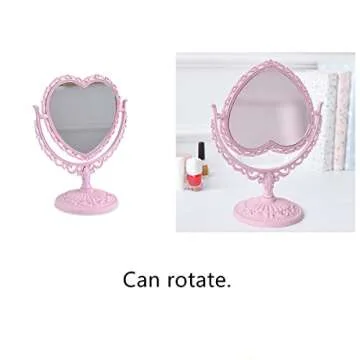RUITASA Heart-Hhaped Makeup Mirror, Rotatable Vanity Mirror, Double Vanity Mirror, Plastic Heart Dressing Mirror for Bathroom Bedroom Vanity Mirror(Pink)