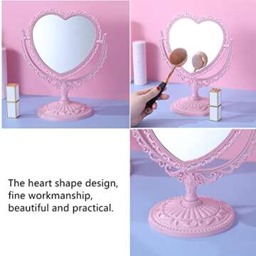 RUITASA Heart-Hhaped Makeup Mirror, Rotatable Vanity Mirror, Double Vanity Mirror, Plastic Heart Dressing Mirror for Bathroom Bedroom Vanity Mirror(Pink)