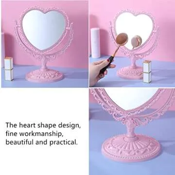 RUITASA Heart-Hhaped Makeup Mirror, Rotatable Vanity Mirror, Double Vanity Mirror, Plastic Heart Dressing Mirror for Bathroom Bedroom Vanity Mirror(Pink)