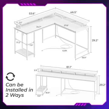 SUPERJARE Desk L Shaped Gaming Desk with LED Lights & Power Outlets, Computer Desk with Monitor Stand, Home Office Desk Corner Desk with Headphone Hooks, White