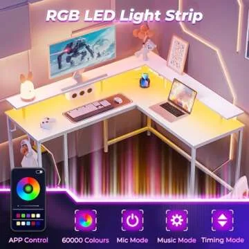 SUPERJARE Desk L Shaped Gaming Desk with LED Lights & Power Outlets, Computer Desk with Monitor Stand, Home Office Desk Corner Desk with Headphone Hooks, White