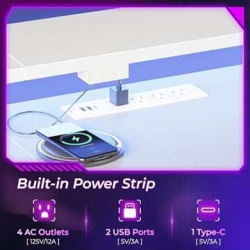 SUPERJARE Desk L Shaped Gaming Desk with LED Lights & Power Outlets, Computer Desk with Monitor Stand, Home Office Desk Corner Desk with Headphone Hooks, White
