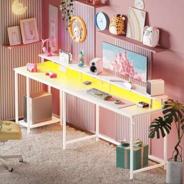 SUPERJARE Desk L Shaped Gaming Desk with LED Lights & Power Outlets, Computer Desk with Monitor Stand, Home Office Desk Corner Desk with Headphone Hooks, White