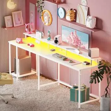 SUPERJARE Desk L Shaped Gaming Desk with LED Lights & Power Outlets, Computer Desk with Monitor Stand, Home Office Desk Corner Desk with Headphone Hooks, White