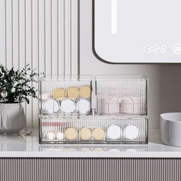 ZHIAI 3 Pack Clear Stackable Cosmetic Organizer with Acrylic Drawers for Cosmetics and Small Items f...