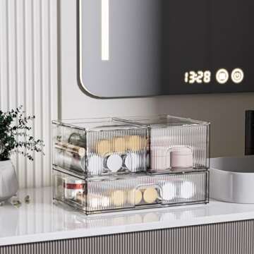 ZHIAI 3 Pack Clear Stackable Cosmetic Organizer with Acrylic Drawers for Cosmetics and Small Items for Dresser, Vanity, Kitchen Cabinet, Pantry, Home Organization and Storage