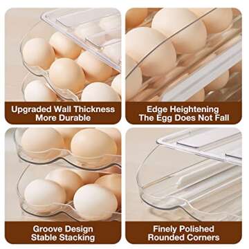 Egg Tray Organizer for Refrigerator, Egg Holder for Refrigerator, Rolling Egg Storage Container Dispenser for Refridge with Lid,Stackable Clear Plastic Storage Box for Fridge and Counter(2 layers)