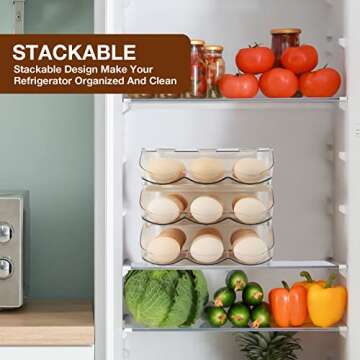 Egg Tray Organizer for Refrigerator, Egg Holder for Refrigerator, Rolling Egg Storage Container Dispenser for Refridge with Lid,Stackable Clear Plastic Storage Box for Fridge and Counter(2 layers)