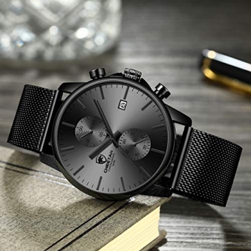 GOLDEN HOUR Men’s Watch Fashion Sport Quartz Analog Mesh Stainless Steel Waterproof Chronograph Watches, Auto Date in Grey Hands, Color: Black