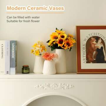 White Ceramic Vase - Set of 3 Flower Vase for Modern Home Decor, Boho Vase for Living Room, Shelf, Table, Bookshelf, Mantel and Entryway Decor