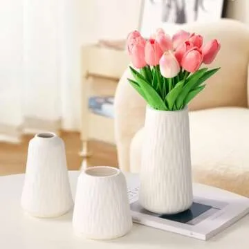 White Ceramic Vase - Set of 3 Flower Vase for Modern Home Decor, Boho Vase for Living Room, Shelf, Table, Bookshelf, Mantel and Entryway Decor