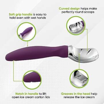 Spring Chef Ice Cream Scoop with Soft Grip Handle, Professional Heavy Duty Sturdy Scooper, Premium Kitchen Tool for Cookie Dough, Gelato, Sorbet, Purple