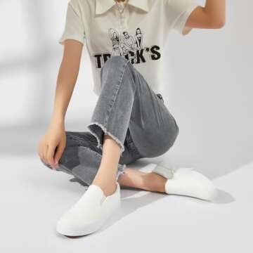 Women's Slip on Shoes Low Top Canvas Sneakers Non Slip Fashion Casual Shoes（White Mono.US8