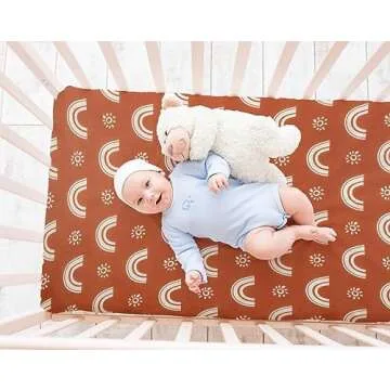 4 Pack Crib Sheets Boho Nursery Sheets Sunshine and Rainbow Desdign Neutral Unisex Fitted Baby Standard Crib Sheets for Baby Boys or Girls (Crib Sheets)
