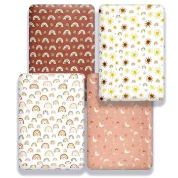 4 Pack Crib Sheets Boho Nursery Sheets Sunshine and Rainbow Desdign Neutral Unisex Fitted Baby Standard Crib Sheets for Baby Boys or Girls (Crib Sheets)