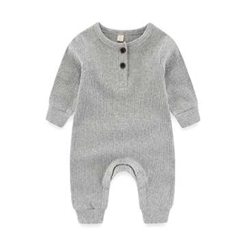 IADOER Newborn Baby Boys Girls One Piece Romper With Mitten Cuffs 3 Pack Long Sleeve Ribbed Button J...