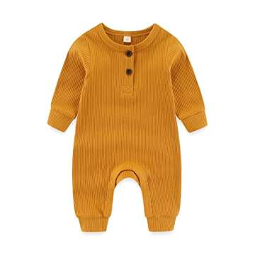 IADOER Newborn Baby Boys Girls One Piece Romper With Mitten Cuffs 3 Pack Long Sleeve Ribbed Button Jumpsuit Outfit Clothes gray+tan+yellow 6 months