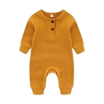 IADOER Newborn Baby Boys Girls One Piece Romper With Mitten Cuffs 3 Pack Long Sleeve Ribbed Button Jumpsuit Outfit Clothes gray+tan+yellow 6 months